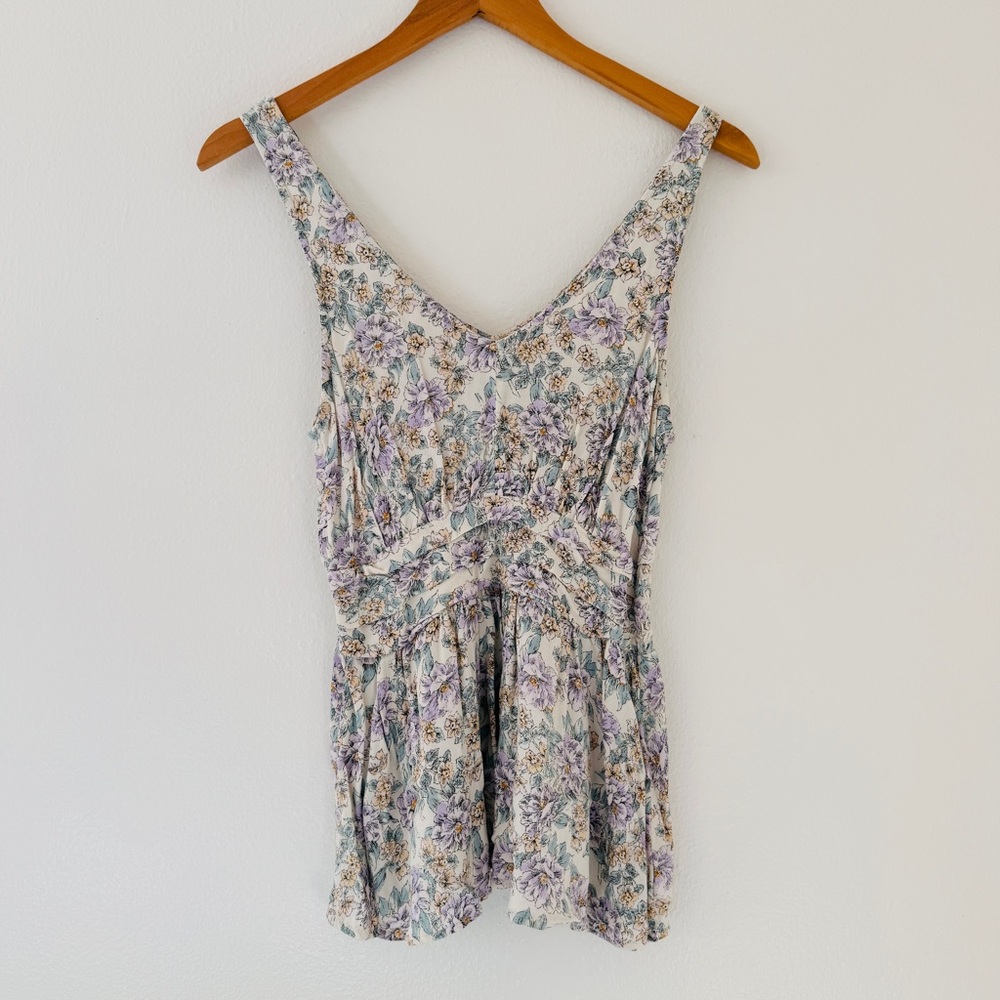 American Eagle Cream Floral Smocked Waist Tank Top